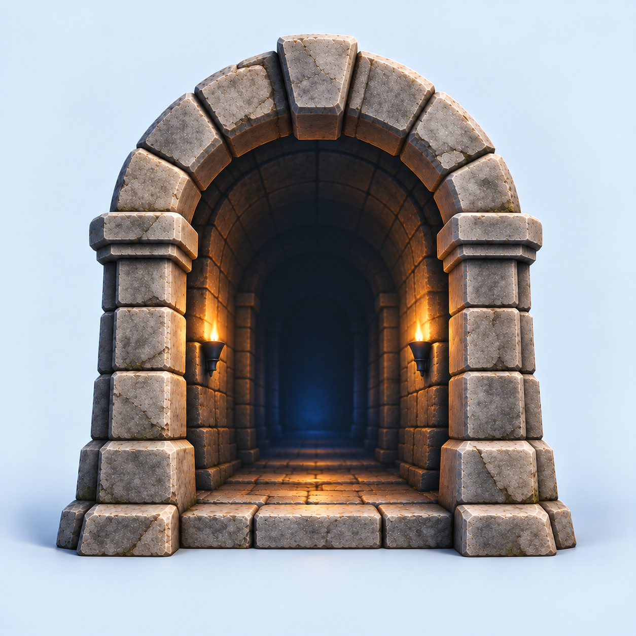 An illuminated stone dungeon entrance